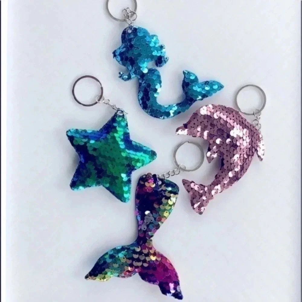 Set of 4 Sequined Sea Mermaid Dolphin Keychains